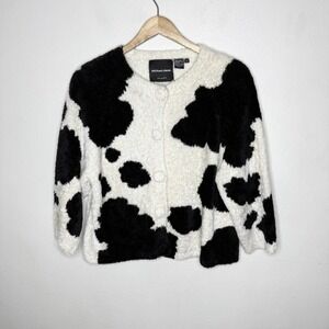 Vintage Michael Simon Black White Cow Print Cardigan Button Front Womens Medium